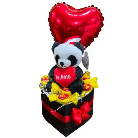 caja corazon black con bombones peluche y globo 